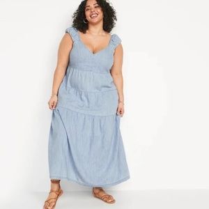 NWT Old Navy Tiered Smocked Tie Back Fit & Flare Chambray Maxi Dress